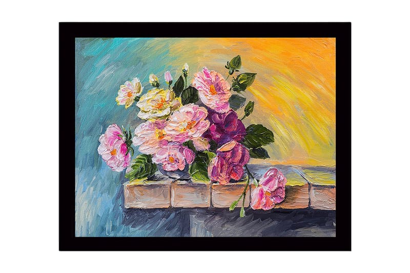 Innrammet lerretsbilde i tre - 41x56 cm - Fargerik bukett med roser i forskjellige nyanser - Rosa / Grønn / Gul - Innredning - Bilder & kunst