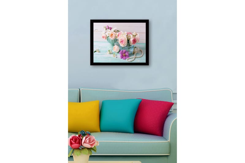 Innrammet lerretsbilde i tre - 41x56 cm - Fargerik bukett med roser og blomster i elegante vaser - Rosa / Hvit / Lilla - Innredning - Bilder & kunst