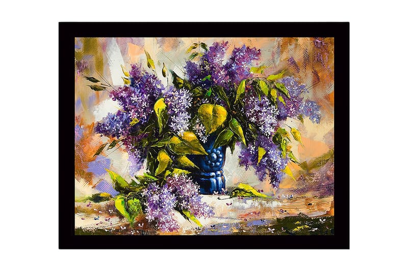 Innrammet lerretsbilde i tre - 41x56 cm - Fargerik bukett med syrinblomster i en blå vase, Lilla / Grønn / Blå