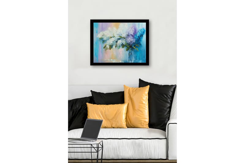 Innrammet lerretsbilde i tre - 41x56 cm - Fargerik bukett med syriner i en glassvase - Hvit / Lilla / Turkis - Innredning - Bilder & kunst