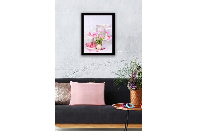 Innrammet lerretsbilde i tre - 41x56 cm - Fargerik bukett med tulipaner i en vase - Rosa / Grønn / Beige - Innredning - Bilder & kunst