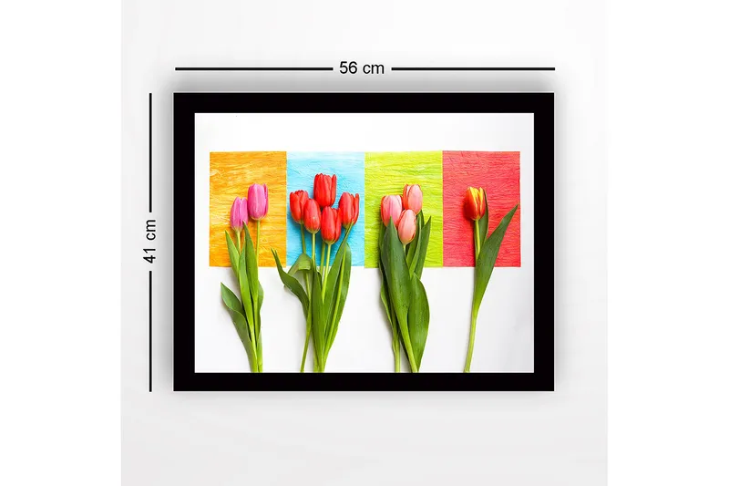Innrammet lerretsbilde i tre - 41x56 cm - Fargerik bukett med tulipaner mot en livlig bakgrunn - Rød / Rosa / Grønn - Innredning - Bilder & kunst