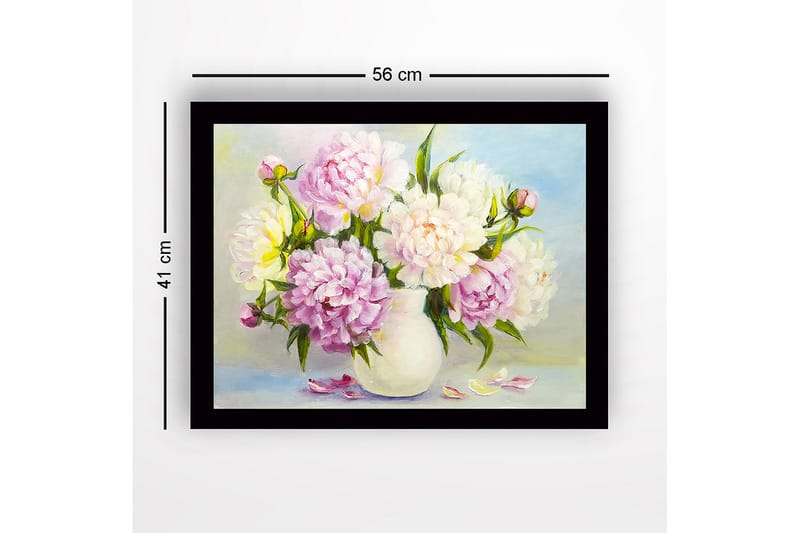 Innrammet lerretsbilde i tre - 41x56 cm - Fargerik bukett med peoner i en vase - Lys rosa / Hvit / Gul - Innredning - Bilder & kunst