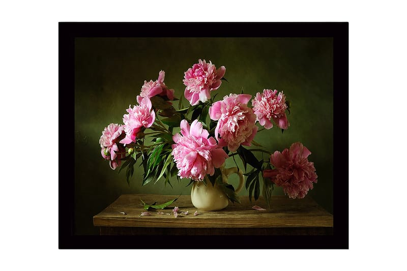 Innrammet lerretsbilde i tre - 41x56 cm - Fargerik bukett med peoner i en keramisk vase - Rosa / Grønn / Beige - Innredning - Bilder & kunst