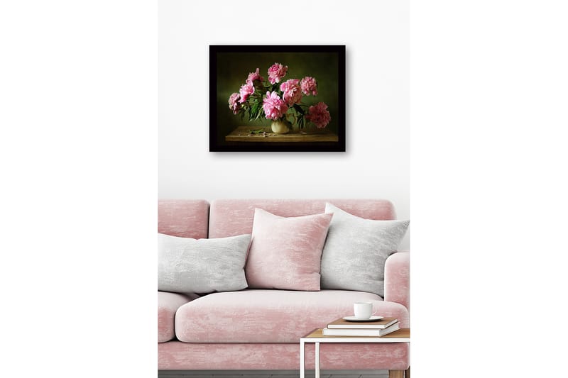 Innrammet lerretsbilde i tre - 41x56 cm - Fargerik bukett med peoner i en keramisk vase - Rosa / Grønn / Beige - Innredning - Bilder & kunst