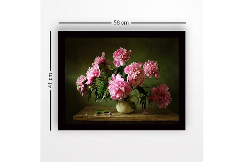 Innrammet lerretsbilde i tre - 41x56 cm - Fargerik bukett med peoner i en keramisk vase - Rosa / Grønn / Beige - Innredning - Bilder & kunst