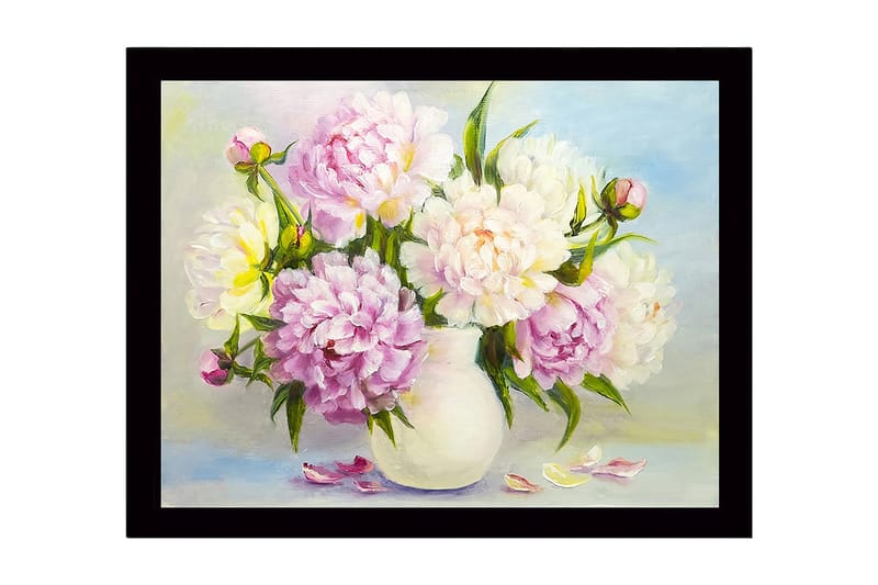 Innrammet lerretsbilde i tre - 41x56 cm - Fargerik bukett med peoner i en vase - Lys rosa / Hvit / Gul - Innredning - Bilder & kunst