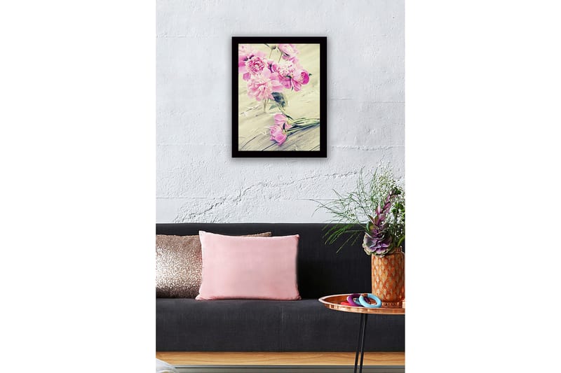 Innrammet lerretsbilde i tre - 41x56 cm - Fargerik bukett med peoner i en glassvase - Rosa / Grønn - Innredning - Bilder & kunst