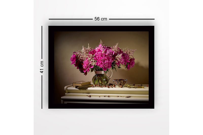Innrammet lerretsbilde i tre - 41x56 cm - Fargerik bukett med peoner i en glassvase - Rosa / Grønn / Hvit - Innredning - Bilder & kunst
