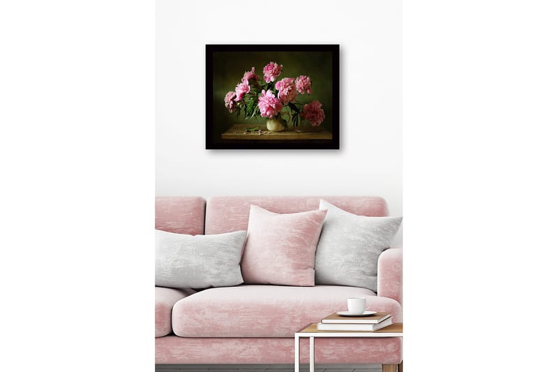 Innrammet lerretsbilde i tre - 41x56 cm - Fargerik bukett med peoner i en keramisk vase - Rosa / Grønn / Beige - Innredning - Bilder & kunst