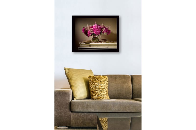 Innrammet lerretsbilde i tre - 41x56 cm - Fargerik bukett med peoner i en glassvase - Rosa / Grønn / Hvit - Innredning - Bilder & kunst