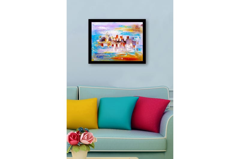 Innrammet lerretsbilde i tre - 41x56 cm - Fargerik bybilde med bro og bygninger i silhuett - Blå / Oransje / Lilla - Innredning - Bilder & kunst