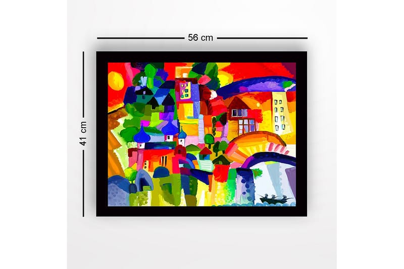 Innrammet lerretsbilde i tre - 41x56 cm - Fargerik bysilhuett med kupler og bygninger - Rød / Grønn / Blå - Innredning - Bilder & kunst