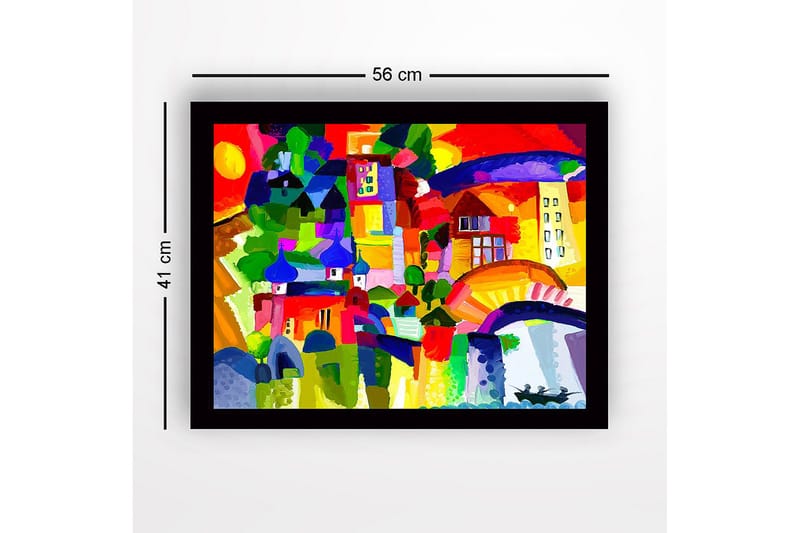 Innrammet lerretsbilde i tre - 41x56 cm - Fargerik bysilhuett med kupler og bygninger - Rød / Grønn / Blå - Innredning - Bilder & kunst