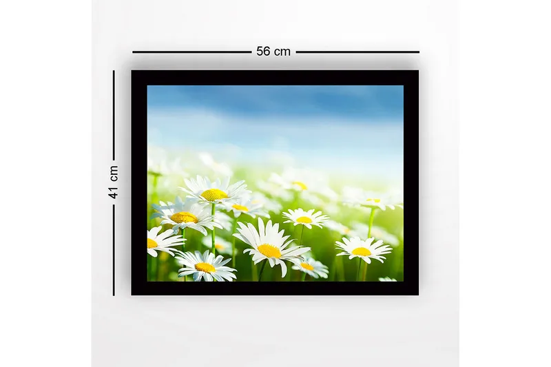 Innrammet lerretsbilde i tre - 41x56 cm - Fargerik eng med tusenfryd i blomst - Hvit / Gul / Grønn - Innredning - Bilder & kunst