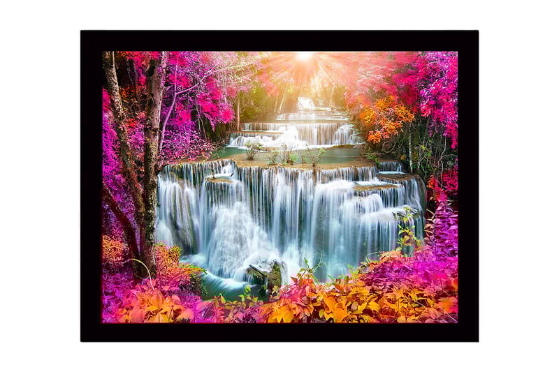 Innrammet lerretsbilde i tre - 41x56 cm - Fargerik foss med omkringliggende blomster og trær i høstfarger - Rosa / Oransje / Grønn - Innredning - Bilder & kunst