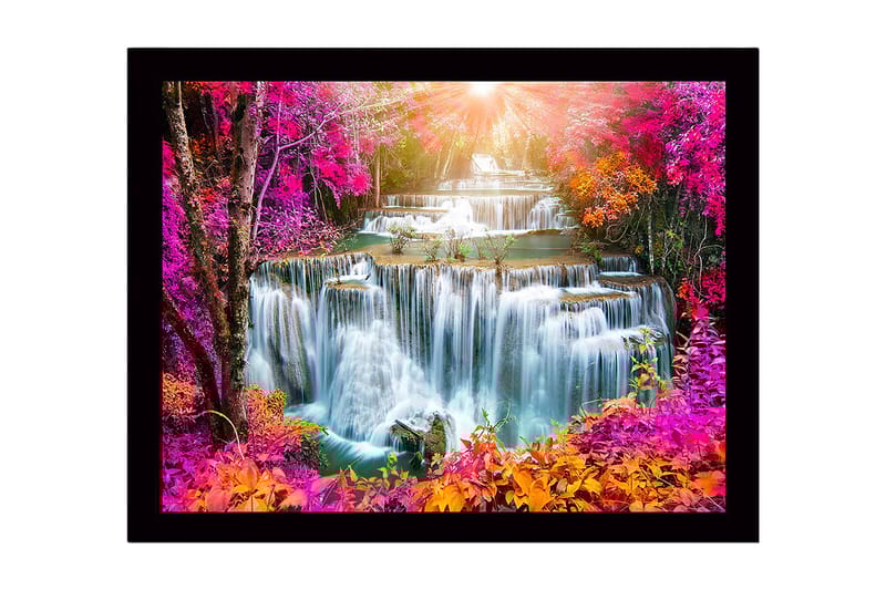 Innrammet lerretsbilde i tre - 41x56 cm - Fargerik foss med omkringliggende blomster og trær i høstfarger - Rosa / Oransje / Grønn - Innredning - Bilder & kunst