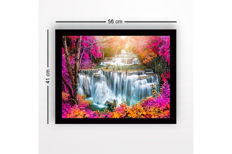 Innrammet lerretsbilde i tre - 41x56 cm - Fargerik foss med omkringliggende blomster og trær i høstfarger - Rosa / Oransje / Grønn - Innredning - Bilder & kunst