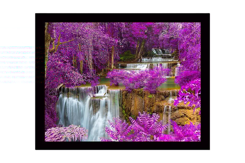 Innrammet lerretsbilde i tre - 41x56 cm - Fargerik foss omgitt av lilla blomster og grøntområder - Lilla / Grønn / Blå - Innredning - Bilder & kunst