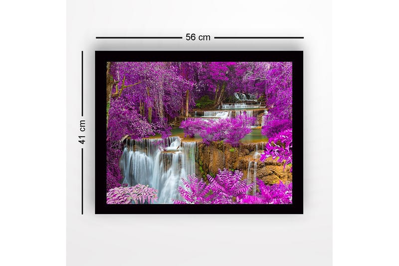 Innrammet lerretsbilde i tre - 41x56 cm - Fargerik foss omgitt av lilla blomster og grøntområder - Lilla / Grønn / Blå - Innredning - Bilder & kunst