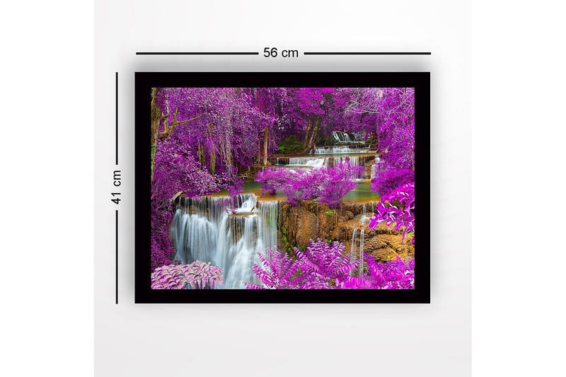 Innrammet lerretsbilde i tre - 41x56 cm - Fargerik foss omgitt av lilla blomster og grøntområder - Lilla / Grønn / Blå - Innredning - Bilder & kunst