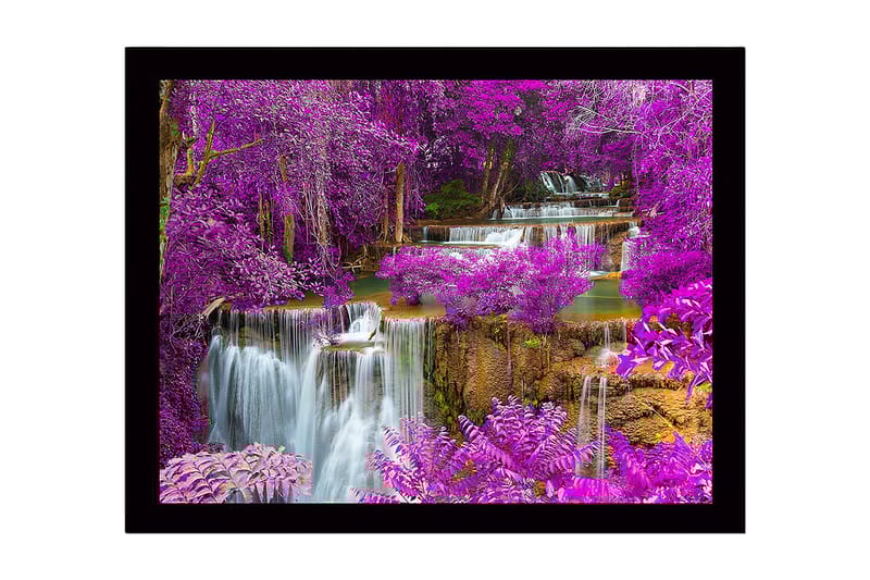 Innrammet lerretsbilde i tre - 41x56 cm - Fargerik foss omgitt av lilla blomster og grøntområder, Lilla / Grønn / Blå