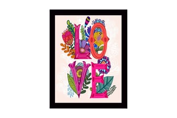 Innrammet lerretsbilde i tre - 41x56 cm - Fargerik komposisjon med ordet LOVE omgitt av blomster og bladverk - Rosa / Grønn / Oransje - Innredning - Bilder & kunst