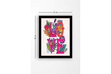 Innrammet lerretsbilde i tre - 41x56 cm - Fargerik komposisjon med ordet LOVE omgitt av blomster og bladverk - Rosa / Grønn / Oransje - Innredning - Bilder & kunst