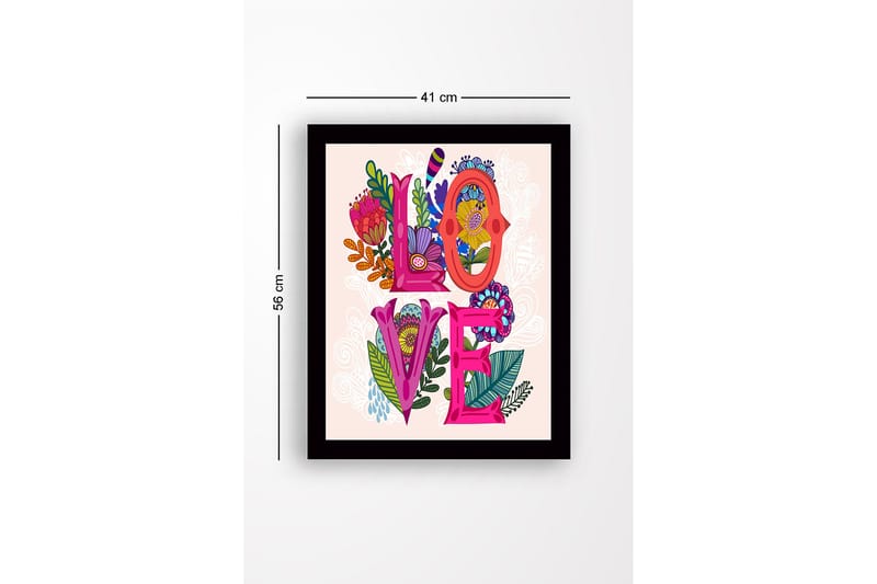 Innrammet lerretsbilde i tre - 41x56 cm - Fargerik komposisjon med ordet LOVE omgitt av blomster og bladverk - Rosa / Grønn / Oransje - Innredning - Bilder & kunst