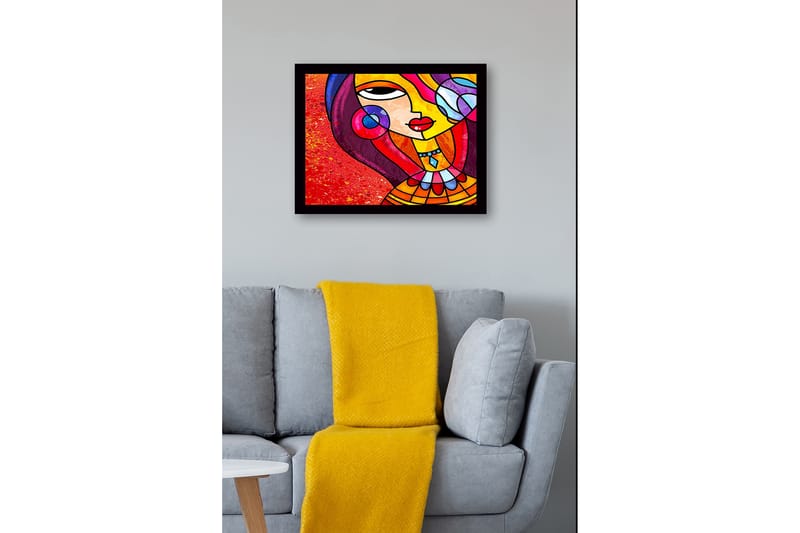 Innrammet lerretsbilde i tre - 41x56 cm - Fargerik kvinne med stilisert ansikt og smykker - Rød / Gul / Lilla - Innredning - Bilder & kunst
