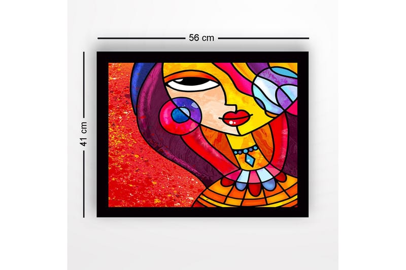 Innrammet lerretsbilde i tre - 41x56 cm - Fargerik kvinne med stilisert ansikt og smykker - Rød / Gul / Lilla - Innredning - Bilder & kunst