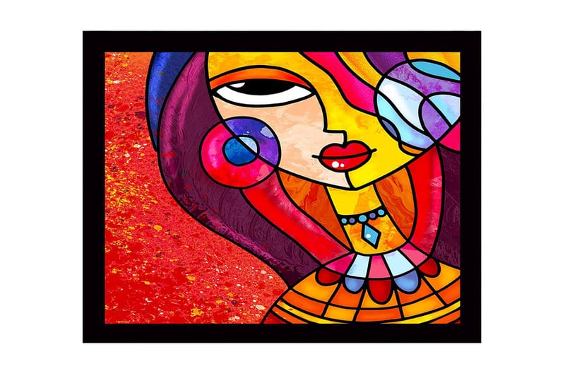 Innrammet lerretsbilde i tre - 41x56 cm - Fargerik kvinne med stilisert ansikt og smykker, Rød / Gul / Lilla