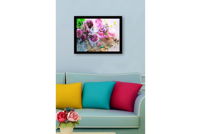Innrammet lerretsbilde i tre - 41x56 cm - Fargerik samling av blomster i glassbeholdere - Rosa / Grønn / Lilla - Innredning - Bilder & kunst