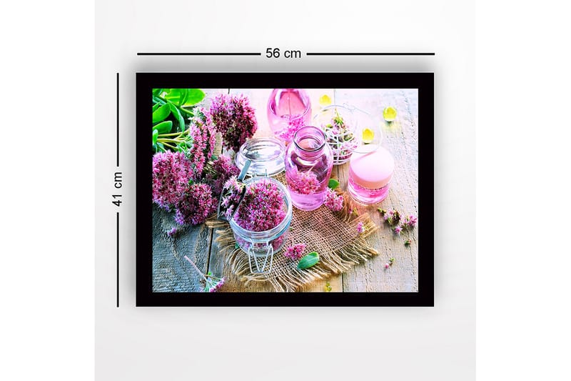Innrammet lerretsbilde i tre - 41x56 cm - Fargerik samling av blomster i glassbeholdere - Rosa / Grønn / Lilla - Innredning - Bilder & kunst