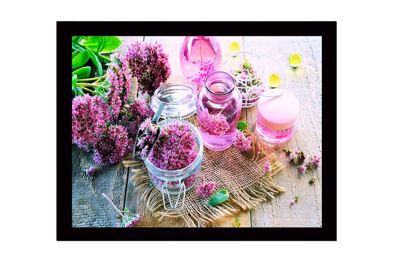 Innrammet lerretsbilde i tre - 41x56 cm - Fargerik samling av blomster i glassbeholdere - Rosa / Grønn / Lilla - Innredning - Bilder & kunst