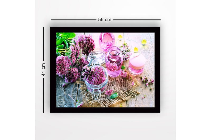 Innrammet lerretsbilde i tre - 41x56 cm - Fargerik samling av blomster i glassbeholdere - Rosa / Grønn / Lilla - Innredning - Bilder & kunst