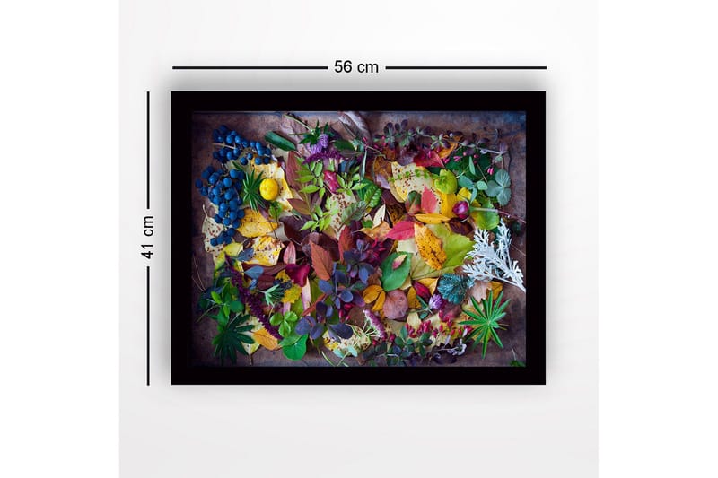 Innrammet lerretsbilde i tre - 41x56 cm - Fargerik samling av høstblader og bær - Grønn / Rød / Gul - Innredning - Bilder & kunst