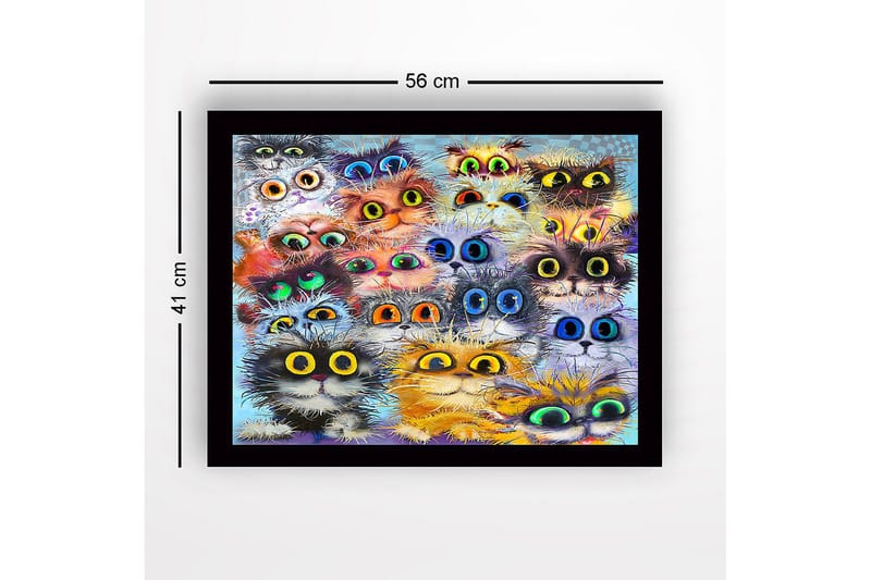Innrammet lerretsbilde i tre - 41x56 cm - Fargerik samling av kattefjes med store øyne - Oransje / Svart / Blå - Innredning - Bilder & kunst