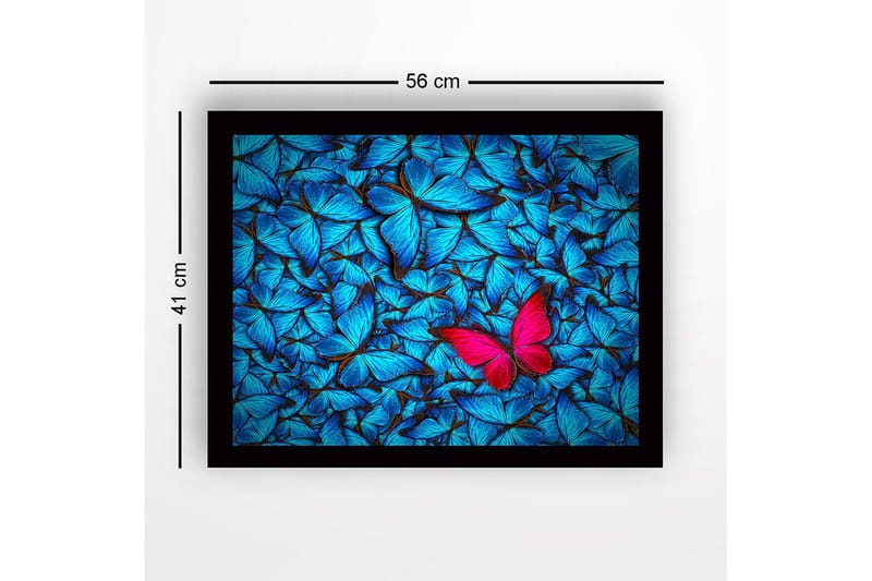 Innrammet lerretsbilde i tre - 41x56 cm - Fargerik samling av sommerfugler med en fremtredende rosa sommerfugl - Blå / Rosa - Innredning - Bilder & kunst