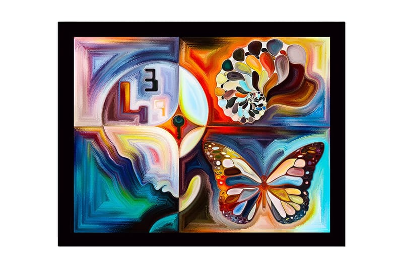 Innrammet lerretsbilde i tre - 41x56 cm - Fargerik sommerfugl med abstrakte former og mønstre, Blå / Oransje / Hvit