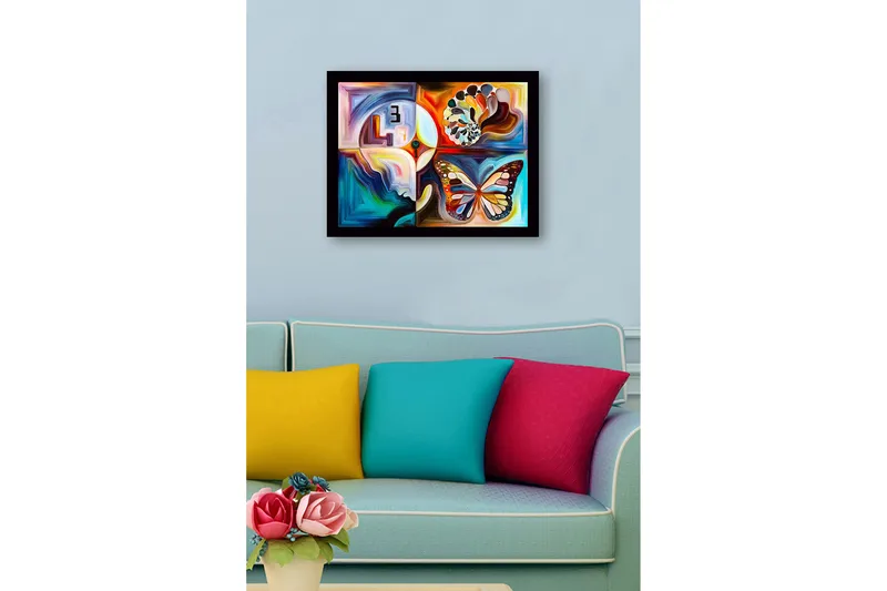 Innrammet lerretsbilde i tre - 41x56 cm - Fargerik sommerfugl med abstrakte former og mønstre - Blå / Oransje / Hvit - Innredning - Bilder & kunst