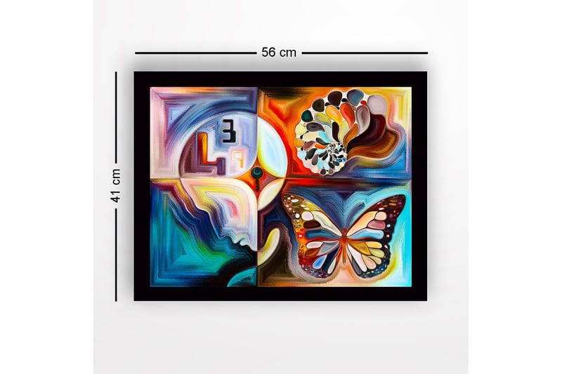 Innrammet lerretsbilde i tre - 41x56 cm - Fargerik sommerfugl med abstrakte former og mønstre - Blå / Oransje / Hvit - Innredning - Bilder & kunst