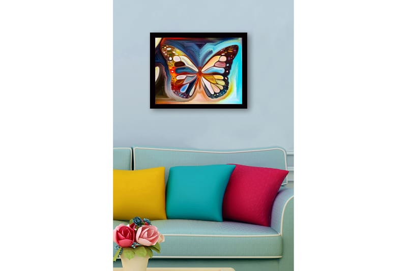 Innrammet lerretsbilde i tre - 41x56 cm - Fargerik sommerfugl med detaljerte mønstre - Blå / Oransje / Gul - Innredning - Bilder & kunst