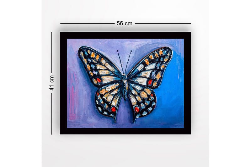 Innrammet lerretsbilde i tre - 41x56 cm - Fargerik sommerfugl med detaljerte vinger - Blå / Oransje / Svart - Innredning - Bilder & kunst