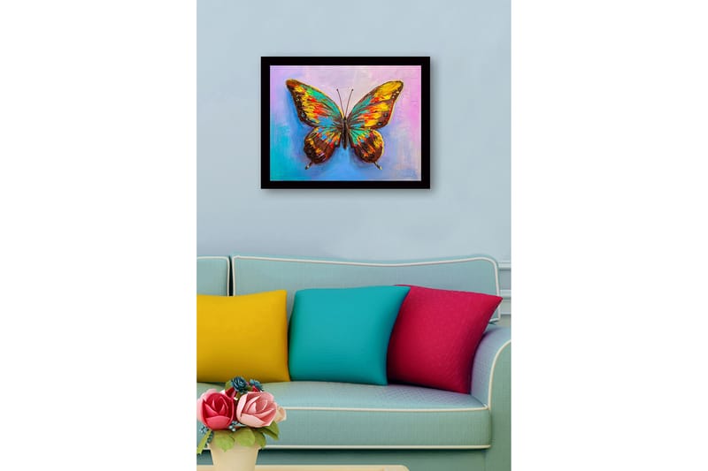 Innrammet lerretsbilde i tre - 41x56 cm - Fargerik sommerfugl med detaljerte vinger - Gull / Brun / Turkis - Innredning - Bilder & kunst