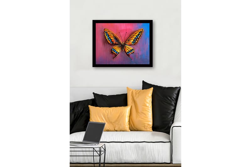 Innrammet lerretsbilde i tre - 41x56 cm - Fargerik sommerfugl med detaljerte vinger - Oransje / Blå / Rosa - Innredning - Bilder & kunst