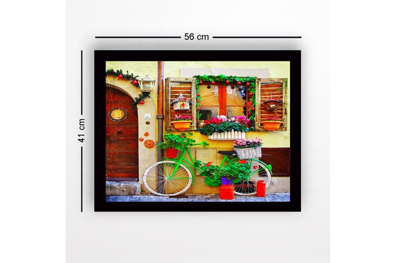 Innrammet lerretsbilde i tre - 41x56 cm - Fargerik sykkel med blomster og dekorasjoner ved en sjarmerende dør - Grønn / Rød / Rosa - Innredning - Bilder & kunst