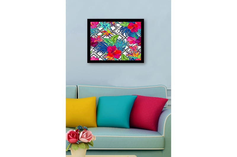 Innrammet lerretsbilde i tre - 41x56 cm - Fargerik tropisk blomsterdesign med hibiskus og løvverk - Rød / Grønn / Blå - Innredning - Bilder & kunst
