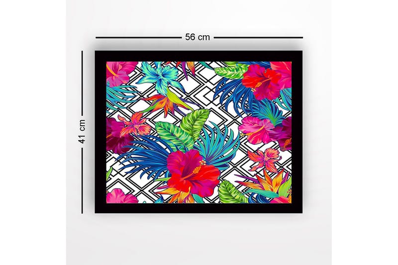 Innrammet lerretsbilde i tre - 41x56 cm - Fargerik tropisk blomsterdesign med hibiskus og løvverk - Rød / Grønn / Blå - Innredning - Bilder & kunst