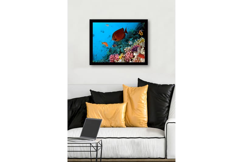 Innrammet lerretsbilde i tre - 41x56 cm - Fargerik undervannsscene med korallrev og tropiske fisker - Blå / Oransje / Rosa - Innredning - Bilder & kunst